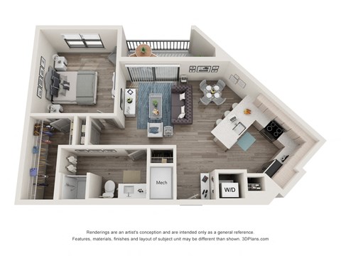 Floor plan for 1 bed, 1 bath, 748 sqft